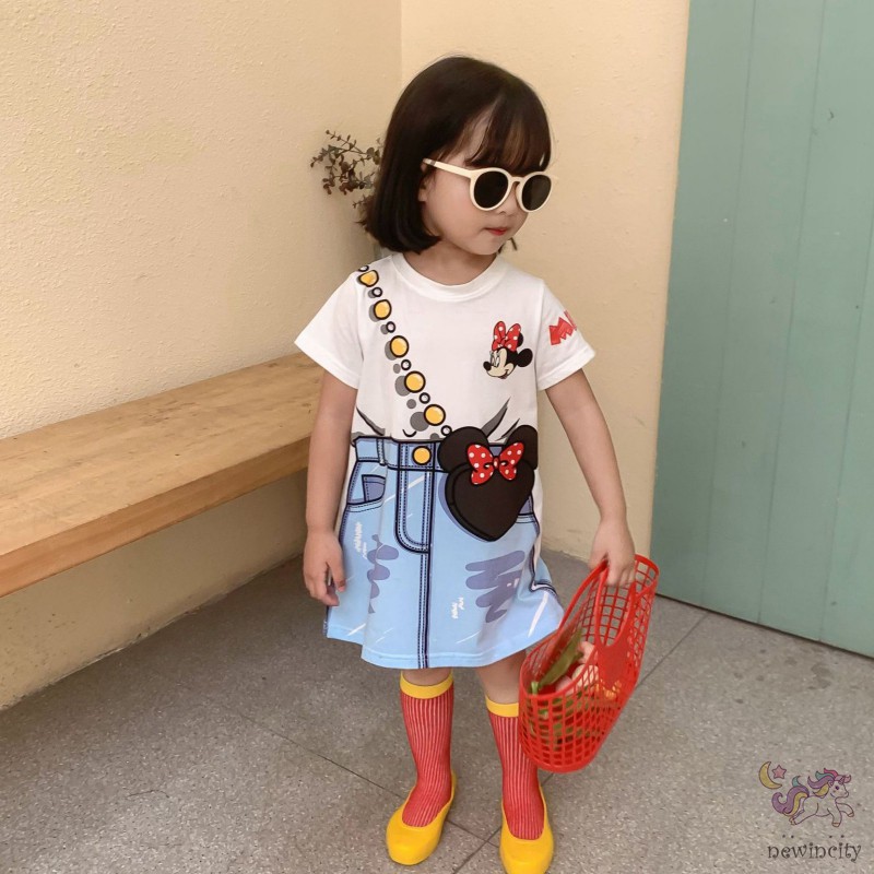 Đầm Tay Ngắn In Hoạ Tiết Hoạt Hình Cho Bé Gái