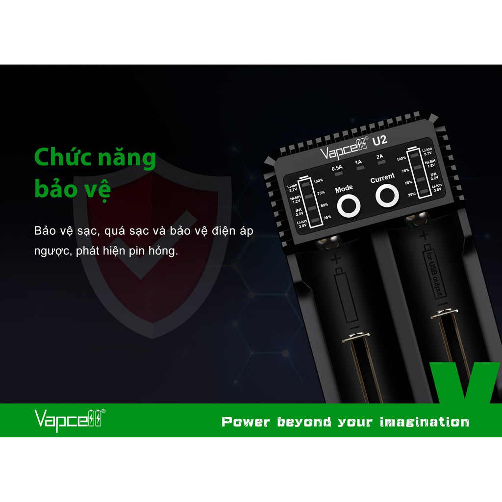 Sạc đôi thông minh Vapcell U2 sạc nhanh 2A