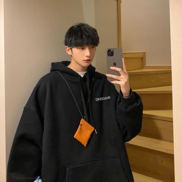 Áo hoodie unisex ngoại cỡ dáng rộng in chữ đơn giản phong cách Hàn Quốc