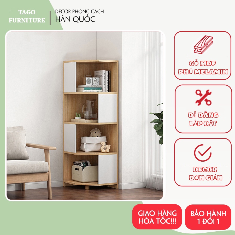 Góc ngũ giác, kệ gỗ 4 tầng đa năng đặt góc tường, trang trí nhà hiện đại từ gỗ MDF phủ Melamine 30x30x120 TAGO ND03