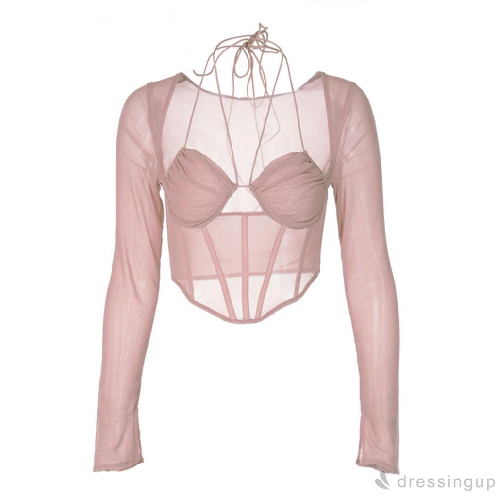 Áo Croptop Tay Dài Phối Lưới Nhiều Dây Cổ Khoét Sâu Màu Sắc Thời Trang Cho Nữ