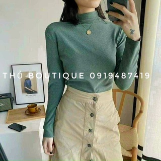 Áo thun gân tăm tay dài nhung mịn cổ lọ MOTIE chính hãng màu rêu, nâu, đen