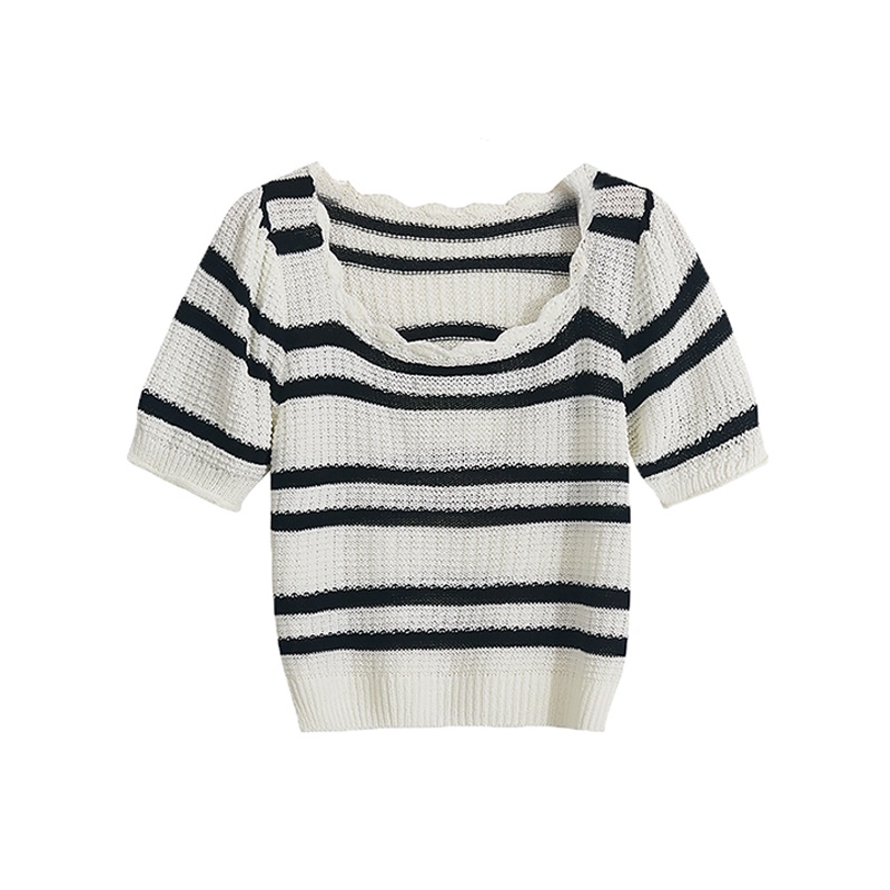 Áo thun ZHELIHANGFEI tay ngắn cổ vuông họa tiết kẻ sọc ngang dáng ôm dễ phối đồ