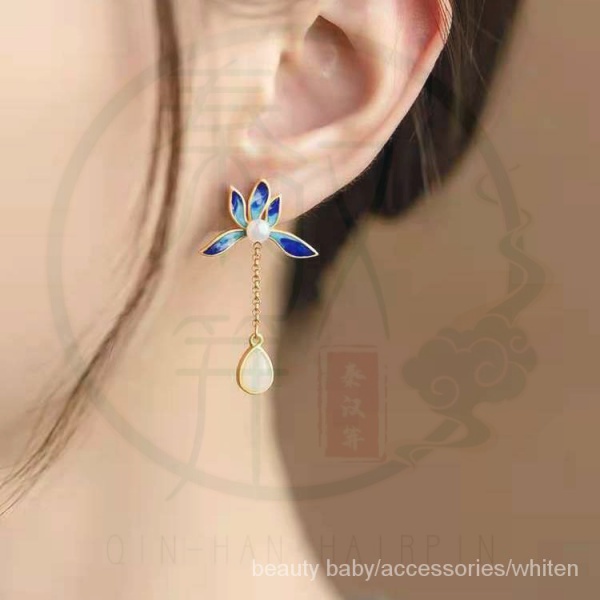 Khuyên tai tua rua đính ngọc bích vàng bạc phong cách cổ điển cho nữ