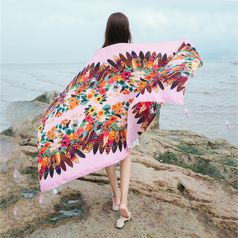 Khăn choàng cổ du lịch in hoa văn lông vũ và hoa size 90x180cm