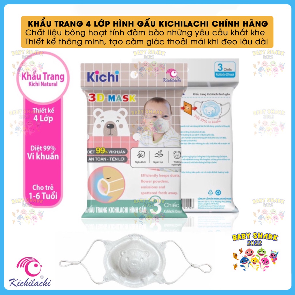 Set 3 chiếc khẩu trang gấu Kichilachi chính hãng cho bé