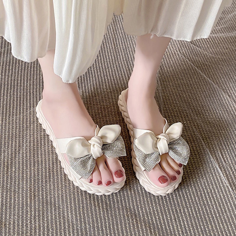 Giày Sandal Đế Bằng Đính Nơ Thời Trang Dành Cho Nữ