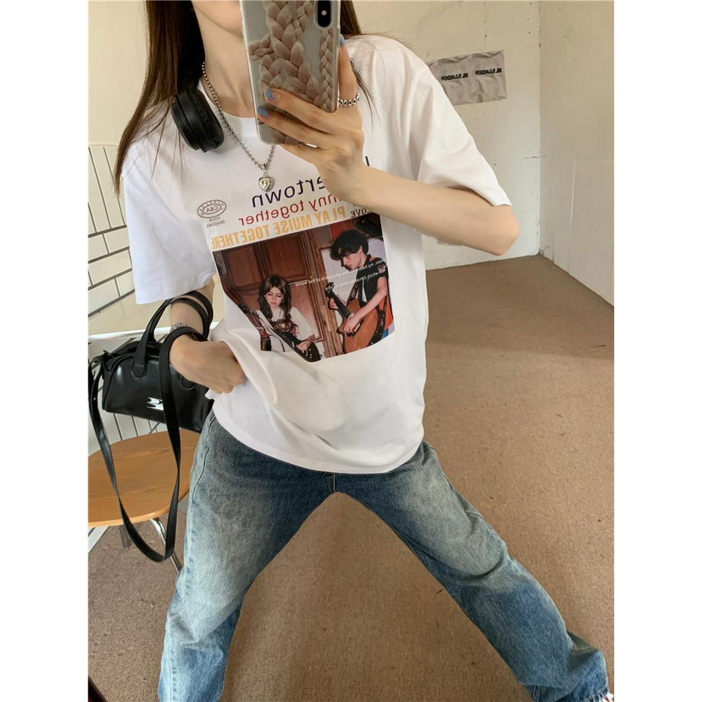 Áo Thun Cotton Dáng Rộng Ngắn Tay In Hình Phong Cách Retro Cá Tính 63656