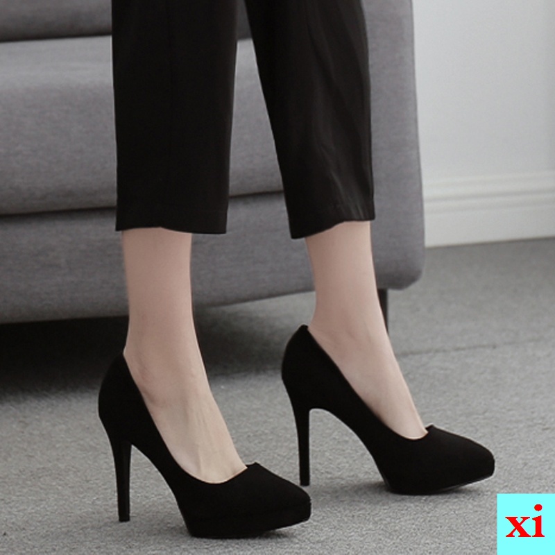 Giày Cao Gót Mũi Tròn Bằng Da Lộn Màu Đen Cao 8cm Chống Thấm Nước Thời Trang Mùa Xuân 2021 Cho Nữ