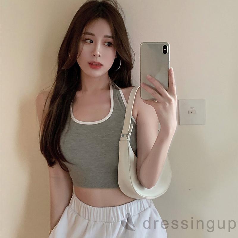 Áo croptop không tay hở lưng màu sắc tương phản thời trang mùa hè cho nữ