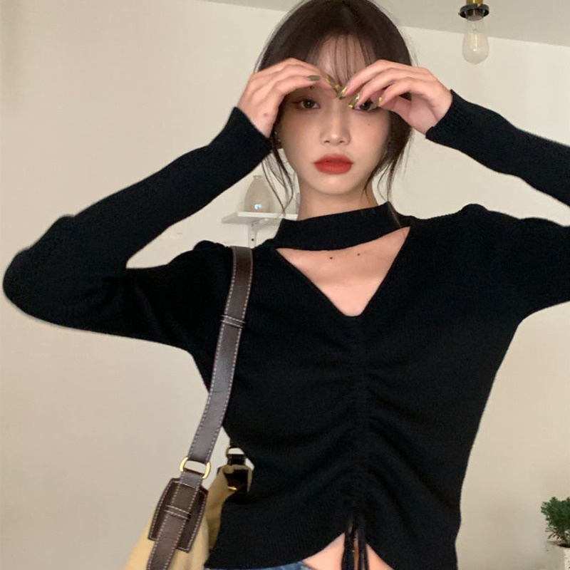 Áo Sweater Dệt Kim Mỏng Tay Dài Cổ Chữ V Màu Sắc Đơn Giản Phong Cách Hàn Quốc Cho Nữ