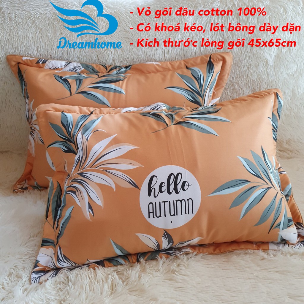 Vỏ gối nằm cotton 100% 1 đôi 45x65 cm, vỏ gối cotton loại đẹp có lót bông khóa kéo VG2 DREAMHOME