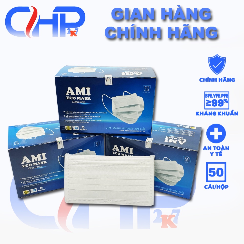 (Màu trắng)Hộp khẩu trang y tế Ami màu trắng 4 lớp 50 cái