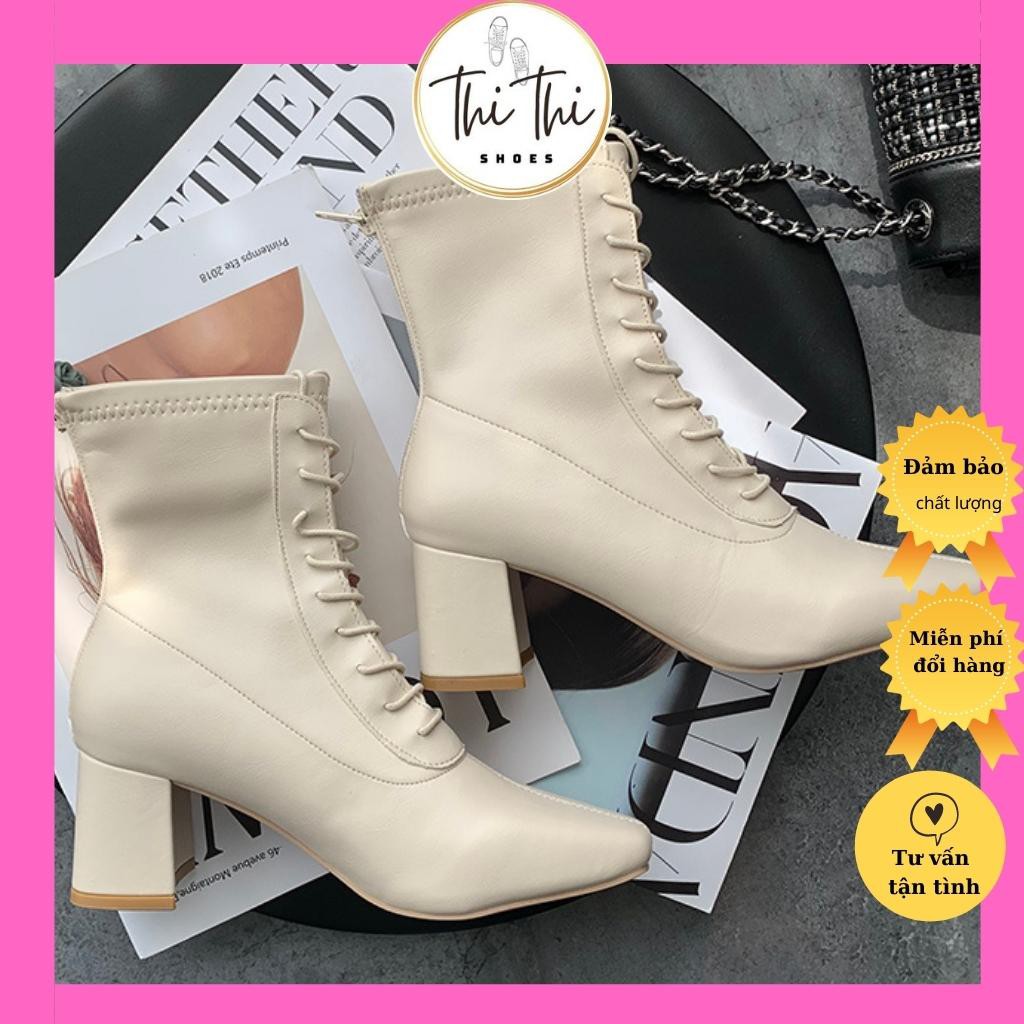 Giày bốt nữ trắng cao cổ - Boot da cao gót đẹp,mũi vuông,khóa - THI THI SHOES