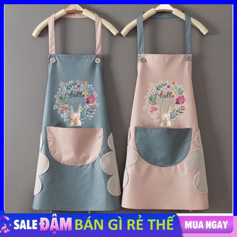 Tạp dề hoa thỏ chống thấm nước, có túi lớn phối hợp vải lau tay style Hàn quốc