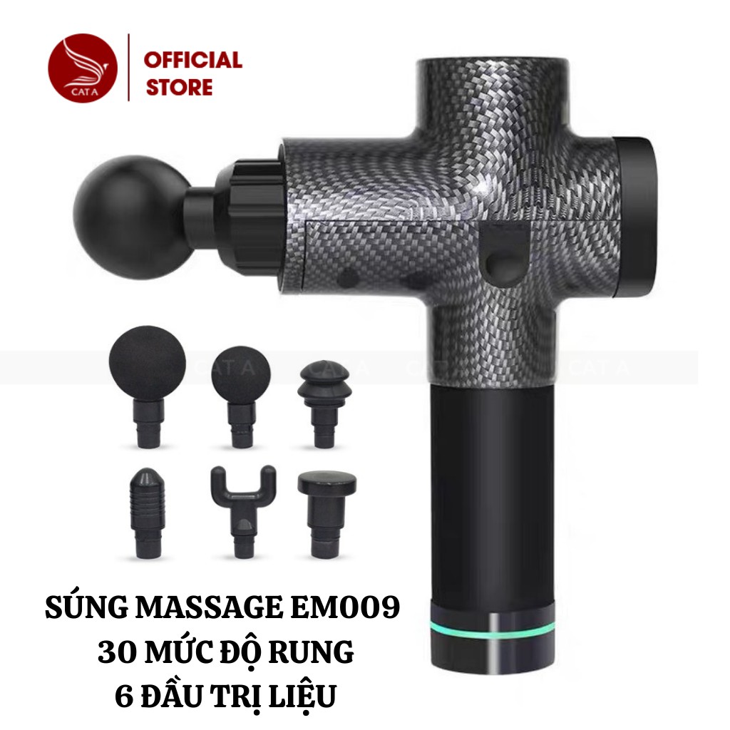 SÚNG, MÁY MASSAGE CẦM TAY CAO CẤP CÁT Á EM009 ĐEN CACBON - 20 Mức độ rung, 6 đầu trị liệu- Trị đau nhức!