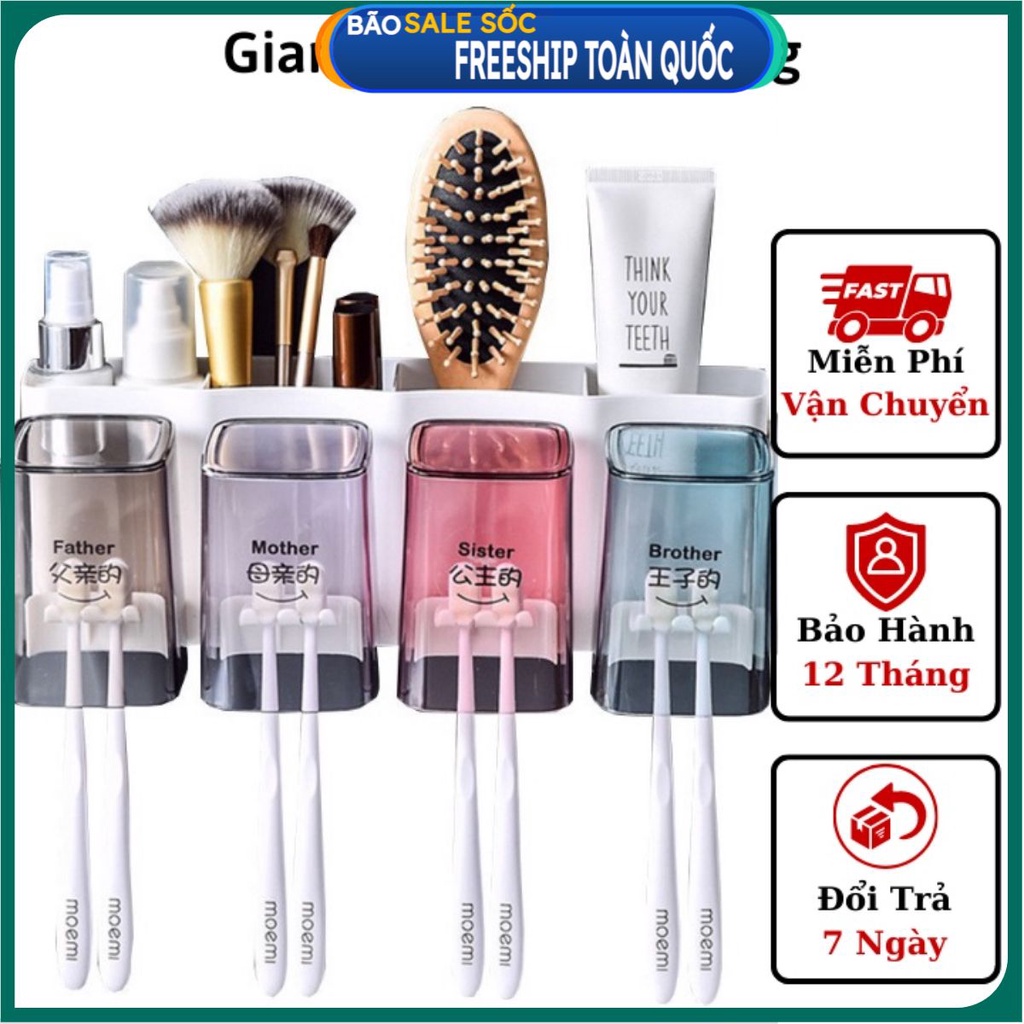 Giá Đựng Bàn Chải Đánh Răng Gắn Tường Kèm 4 Cốc và Nhả Kem Đơn Tự Động Cao Cấp, Kệ Nhà Tắm Đa Năng ( #kệ đựng bàn chải )