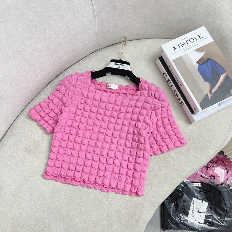 Áo sơ mi xốp croptop màu Hồng baby