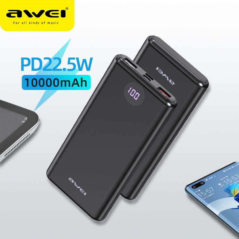 Sạc Dự Phòng Awei P117K PD 22.5W, Sạc Nhanh 10000MAh Phone Cổng USB Kép Màn Hình Kỹ Thuật Số Led Mỏng Sạc USB Type-C