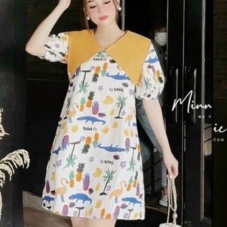 váy suông cộc tay cổ V đính hoa cúc in hoa quả màu trắng