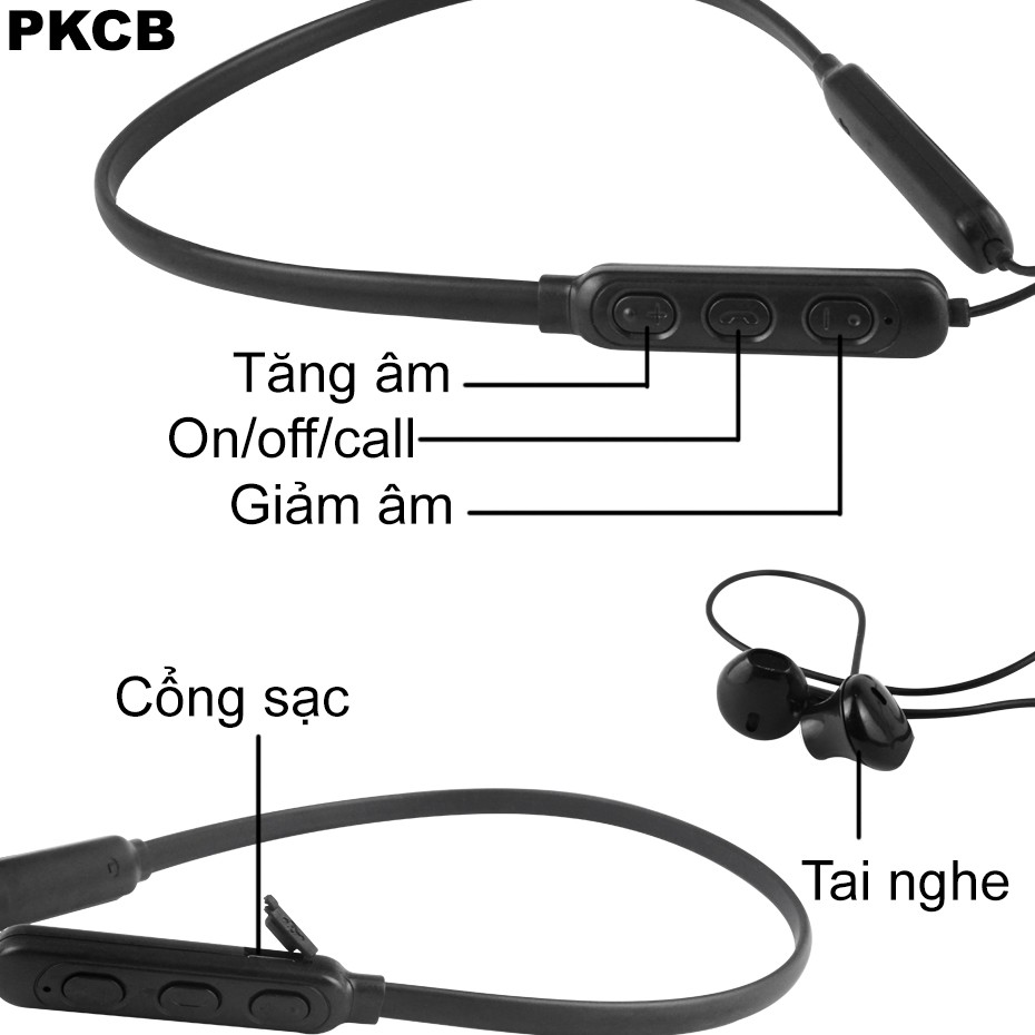 Tai Nghe Bluetooth Wireless PKCB07 Thể Thao Âm Thanh Chân Thực Sống Động Cao Cấp ĐEN Chính Hãng