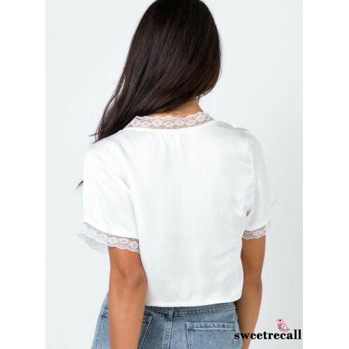 L.e-us Nữ Thời Trang Ren Lụa Satin Tay Ngắn Crop Top Áo Thun Áo Tee Áo