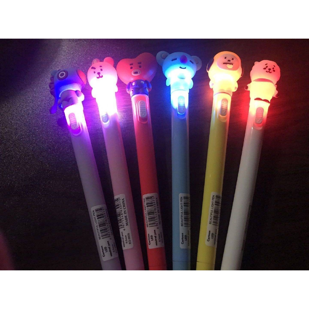 Bút nước que diêm mực xanh KPOP BTS BT21 pena pulpen gel Cute LED Light Gel Pen Kawaii Cartoon signing Pen 0.5mm Black ink Neutral Pen For Kids Gifts Office School Student classmates Stationery