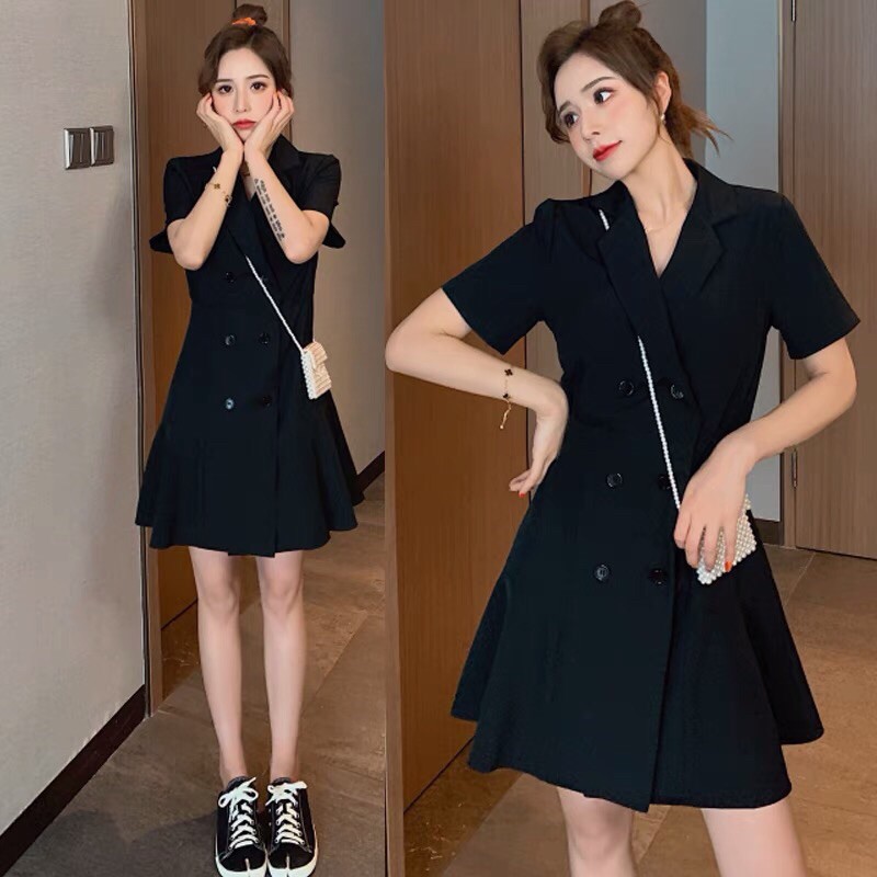 {Thanh lý sz l}Váy cổ vest cúc dọc kép dáng xoè