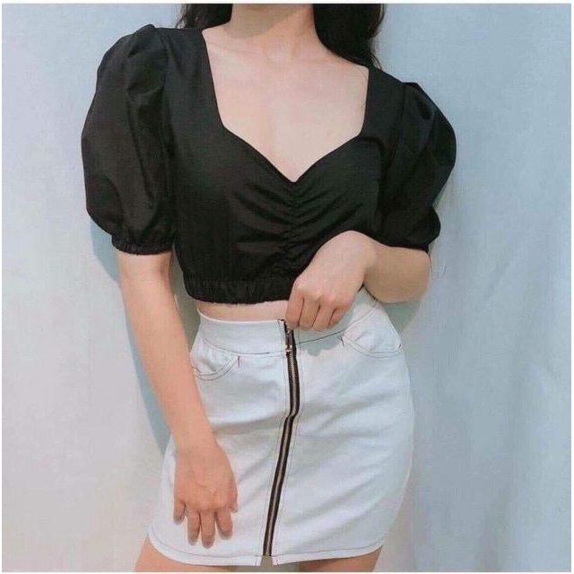 Áo cổ v rúm ngực trắng croptop xinh xắn