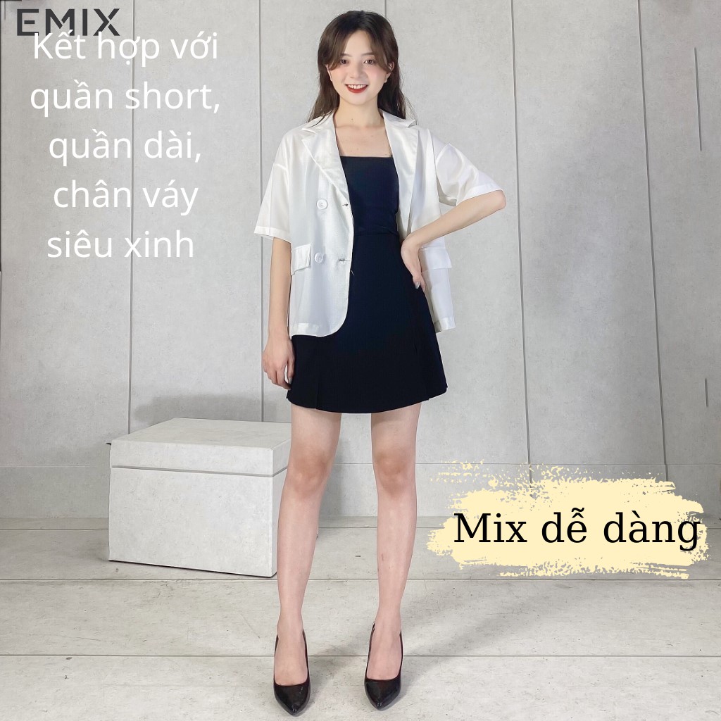 Áo khoác cổ vest EMIX (màu trắng), blazer, không có túi, cộc tay, form rộng, dáng dài, chất trượt hàn mềm mịn