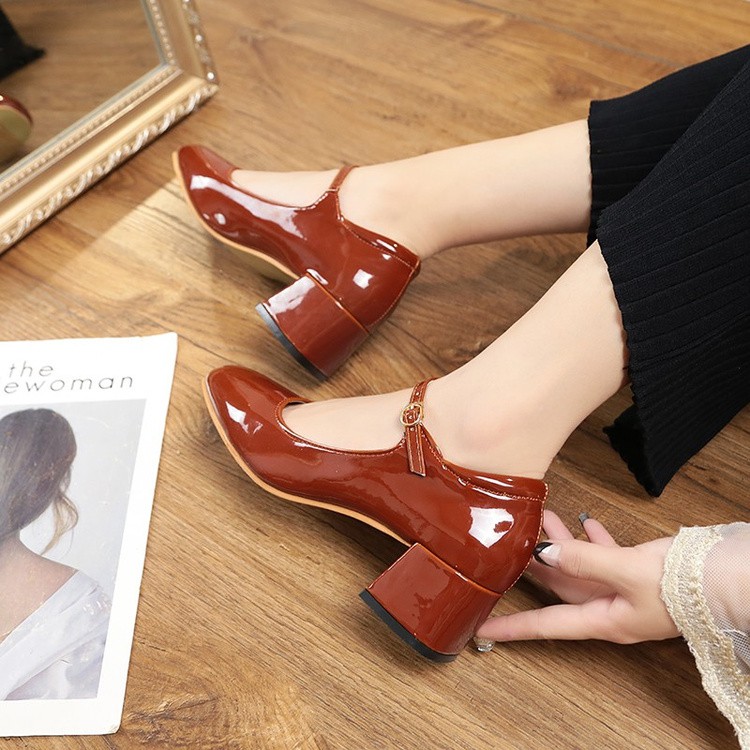 Giày Mary Jane cổ điển da bóng cao 5cm