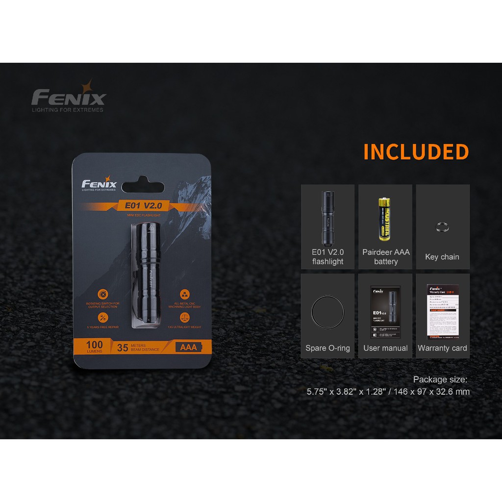 CHÍNH HÃNG Fenix -Đèn pin E01 V2.0 (đen) - 100 Lumens