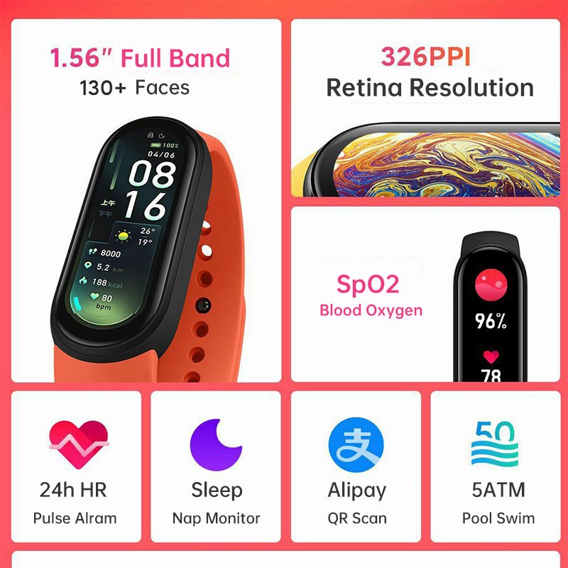Vòng Đeo Tay Thông Minh Mi Band 6 Theo Dõi Nhịp Tim Màn Hình Oled 1.6inch Kết Nối Bluetooth