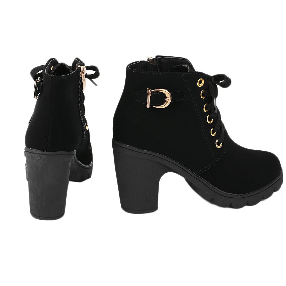 Fashion Women High Heel Lace Up Side Zipper Buckle Ankle Boots Suede Shoes