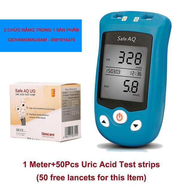 Máy đo đường huyết Axit Uric Safe AQ UG kèm (25 que thử đường huyết +50 que thử Axit Uric +100 kim chích) TẶNG đồng hồ