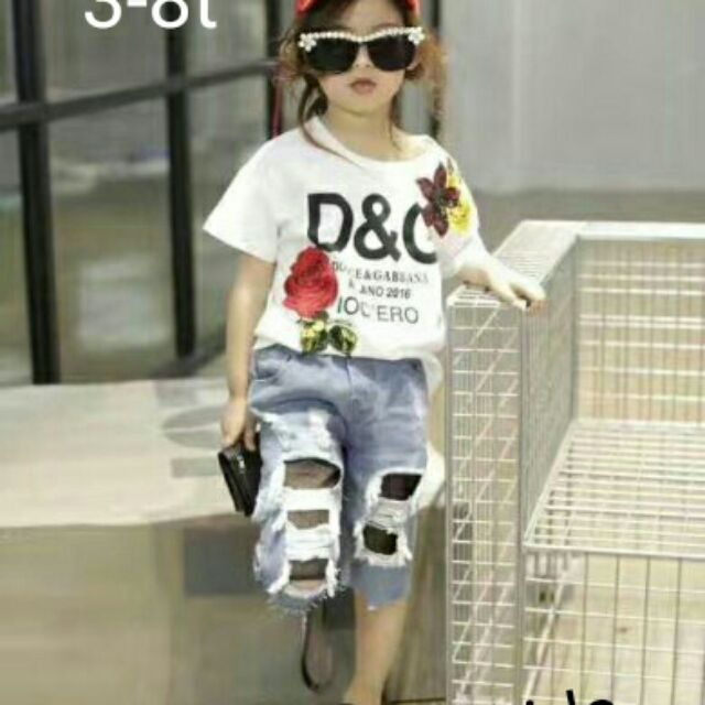 Sale sét áo thêu hoa - quần jean lửng rách lưới bé gái size 3-8t