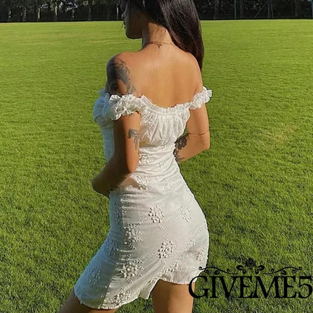 Đầm Trắng Mini Cổ Chữ V Trễ Vai In Họa Tiết Hoa Thanh Lịch Cho Nữ