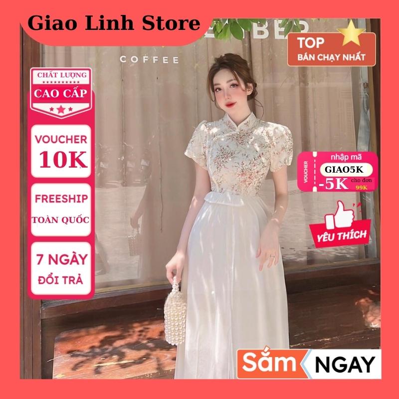 Đầm hoa dài qua gối dáng dài cổ tàu tay phồng ngắn đính cườm phối voan mẫu mới dự tiệc sang trọng