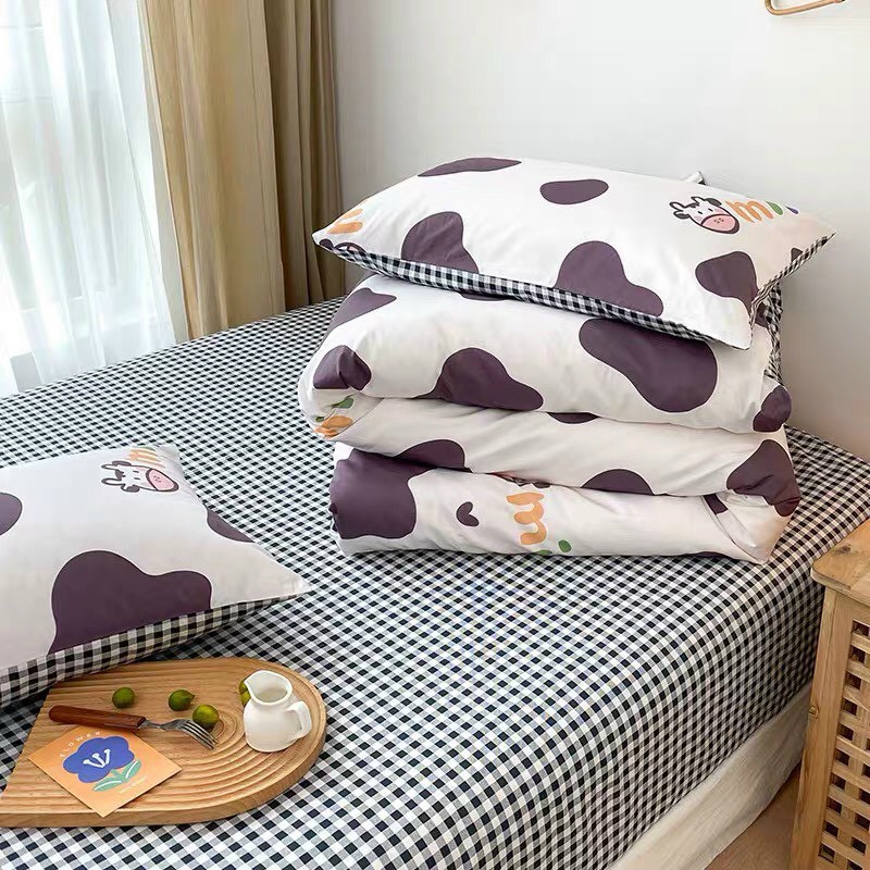 Bộ chăn ga gối Cotton poly M2T bedding Bò Milk tím, vỏ chăn mền, drap giường và 2 vỏ gối