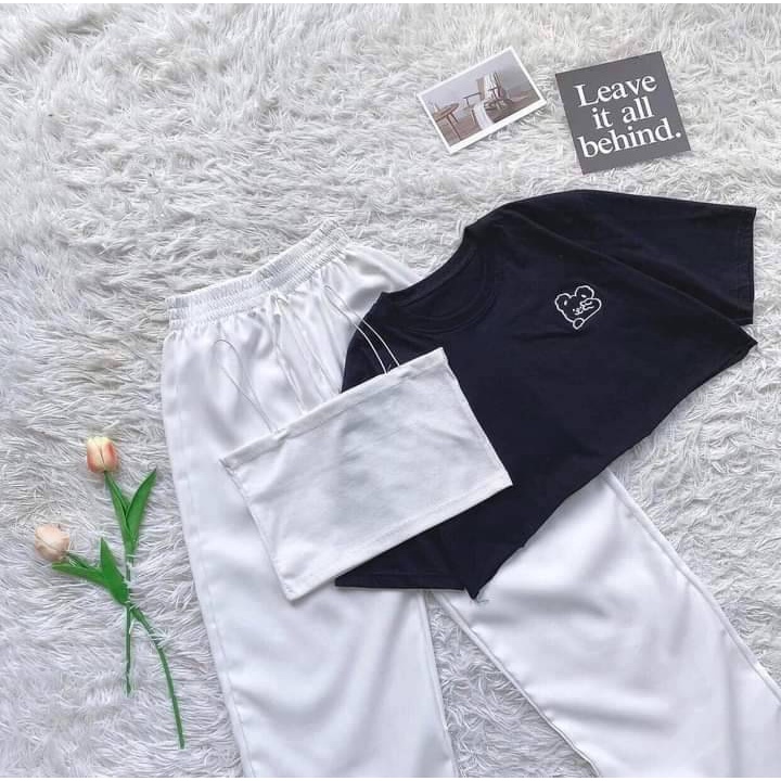 Sét 3 Món Croptop LOGO Thêu Ngực - Set Bộ Nữ 3 Món Trẻ Trung Kèm Quần Ống Suông Culltes Dày Mịn Thoáng Mát