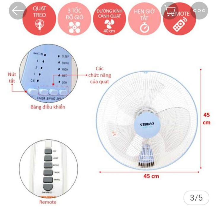 Quạt treo tường Senko điều khiển từ xa TR1628 - quạt điều khiển có remote