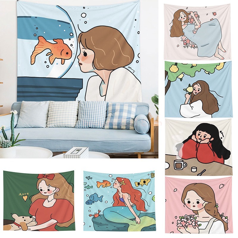 Thảm Treo Tường Hình Cô Gái Đáng Yêu Trang Trí Phòng Ngủ Phong Cách Bắc Âu | BigBuy360 - bigbuy360.vn