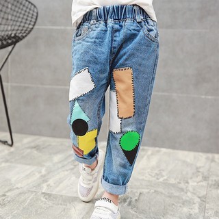 Quần jean dài cổ điển kiểu chắp vá cho bé gái