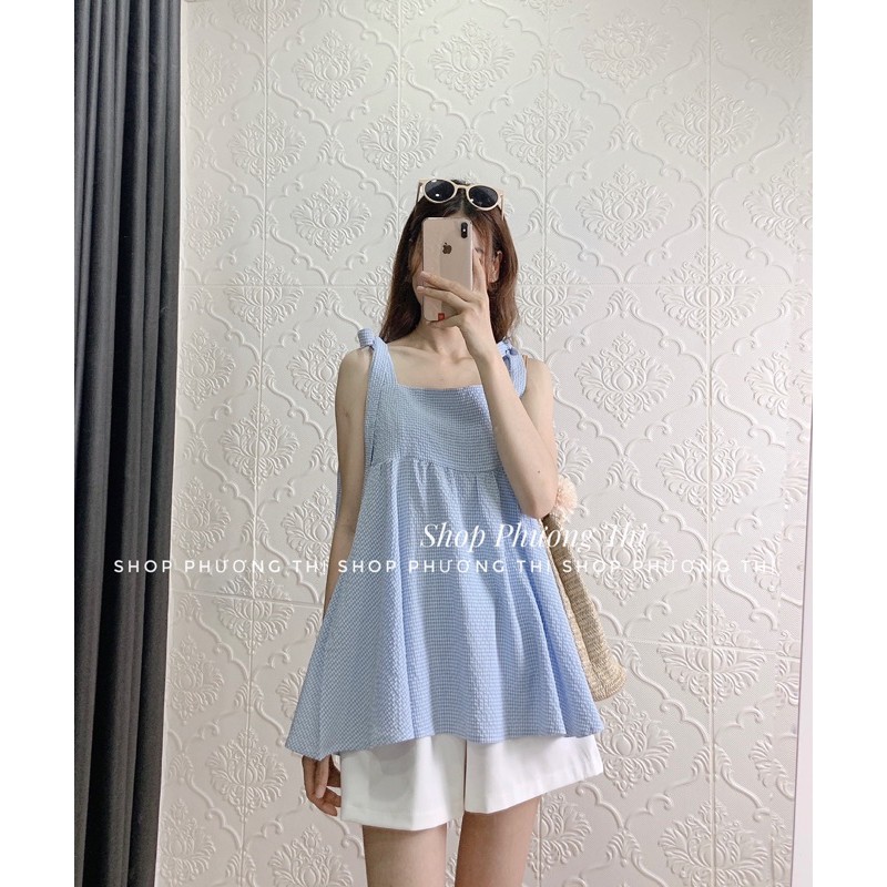 SET ÁO HAI DÂY KẺ XANH BABYDOLL KÈM QUẦN SOOC - Sét bộ ulzzang (hàng sẵn)