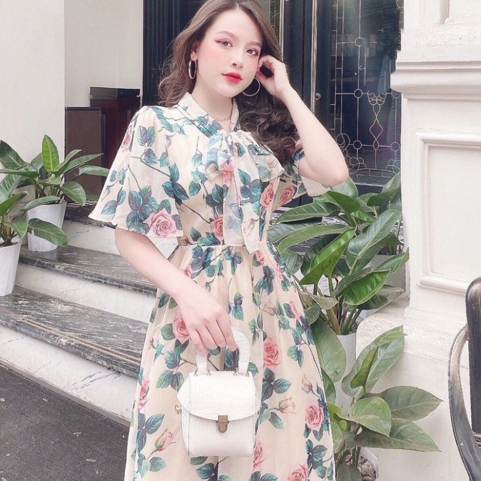 Đầm Thiết Kế Dáng Xoè Hoa Hồng Dáng Dài Nơ Cổ V1908, Váy Xoè Voan Cao Cấp - Germeshop