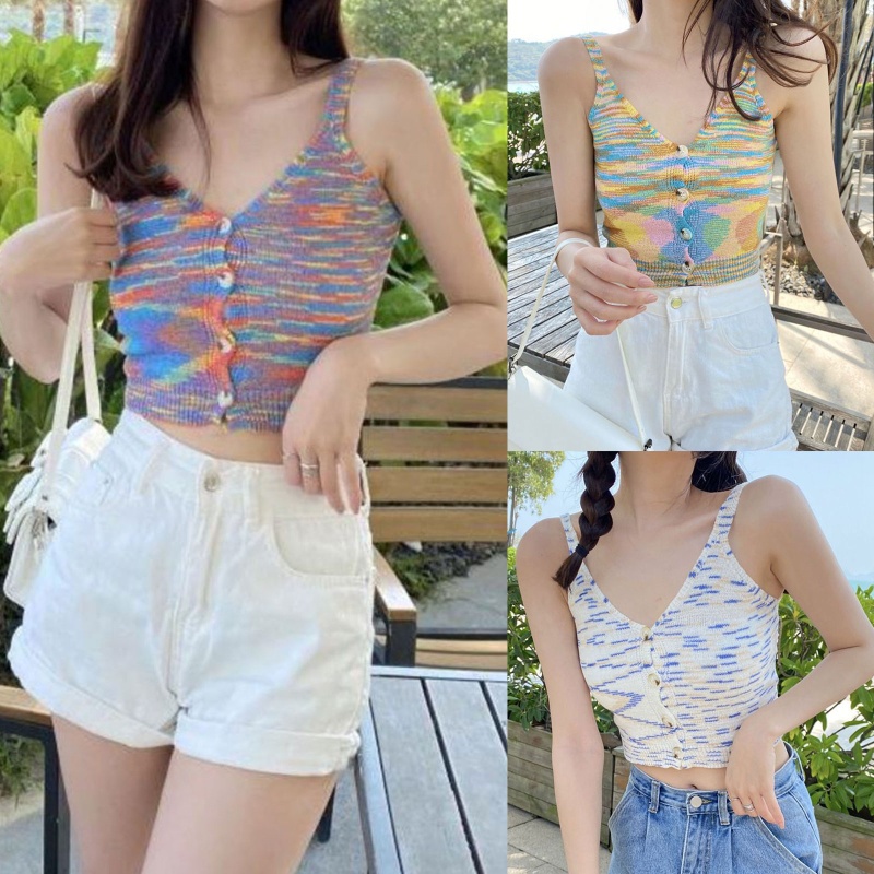 Áo Croptop Dệt Kim Hai Dây Cài Nút Cổ Chữ V Khoét Sâu Họa Tiết Kẻ Sọc Nhiều Màu Sắc Thời Trang Mùa Hè Cho Nữ