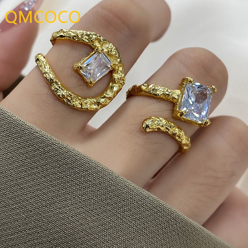 Nhẫn QMCOCO Họa Tiết Hình Học Rỗng Đính Đá Zircon Thời Trang 2022 Phong Cách Punk Tinh Tế Cho Nữ