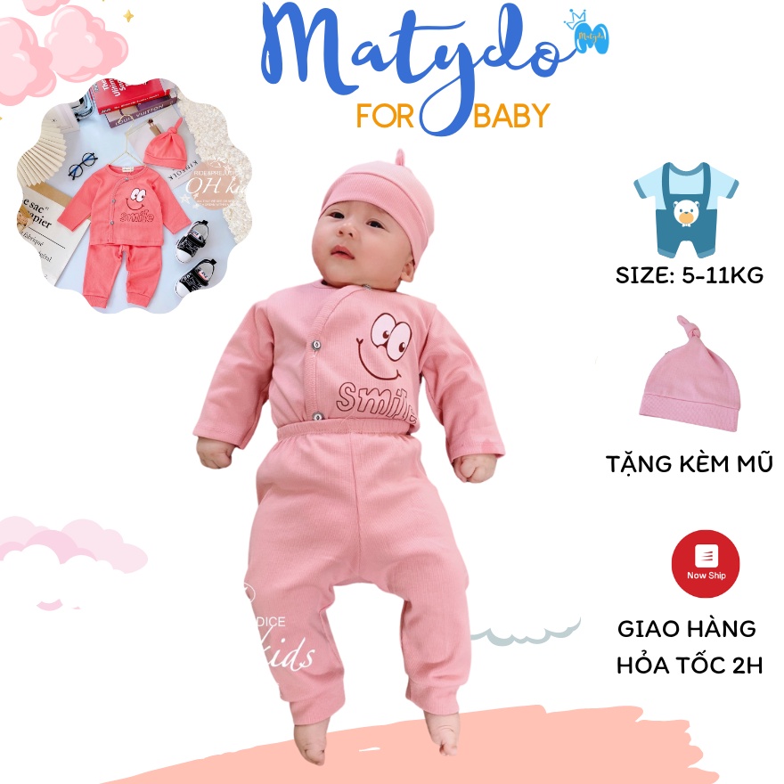 Quần áo thun gân mềm mại đồ bộ áo quần dài tay cho bé trai bé gái nằm điều hòa tặng kèm mũ củ tỏi SMILE