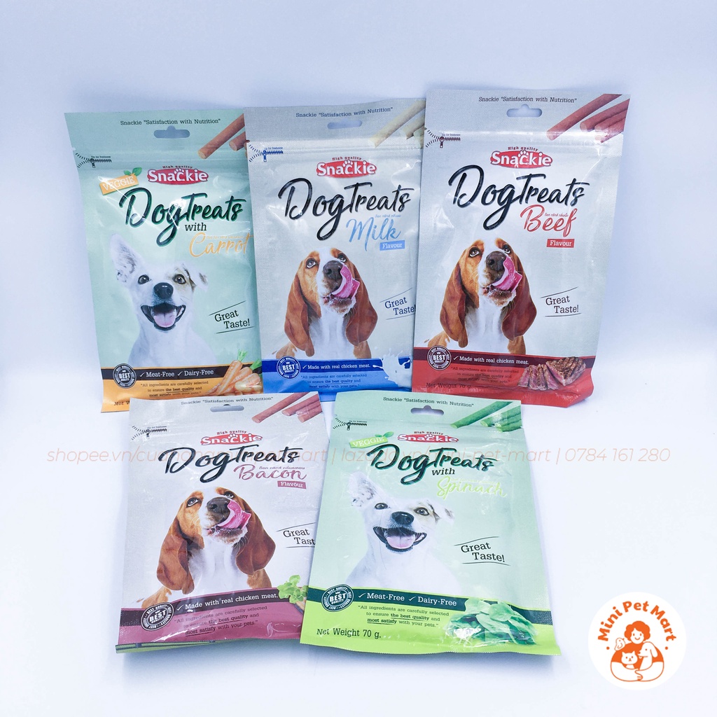 Thức ăn vặt cho chó SNACKIE 70g - Vị thịt heo xông khói, thịt bò, sữa, cà rốt, cải bó xôi