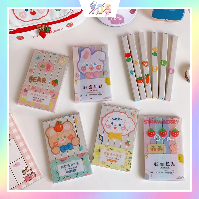 Set 6 bút highlight 2 đầu màu pastel dạ quang đánh dấu nhớ dòng cute dễ thương nhiều màu YOS